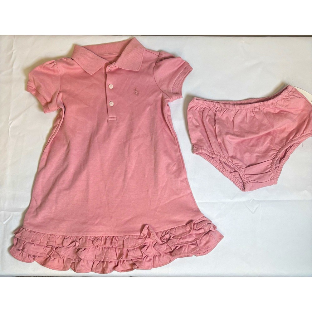 Ralph Lauren Baby Girls Pink Short Sleeve Knit Cotton Dress Bloomers Set 12M